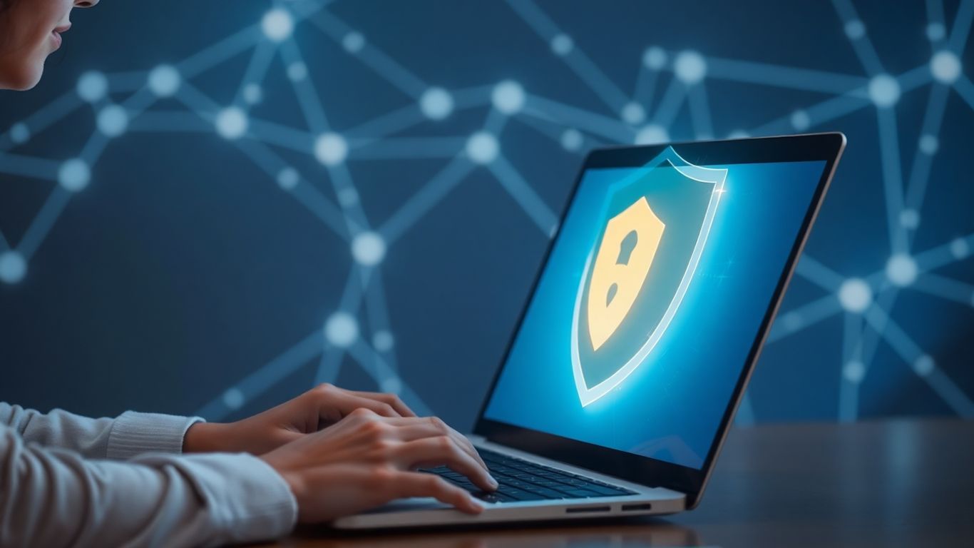 Personne naviguant sur un ordinateur portable avec un bouclier numérique.
