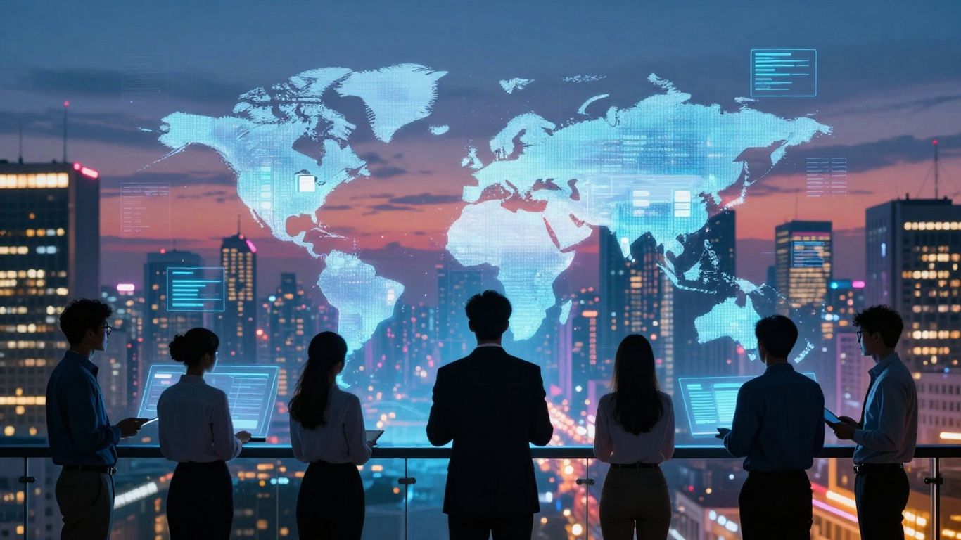 Futuristic cityscape with professionals and digital interfaces.