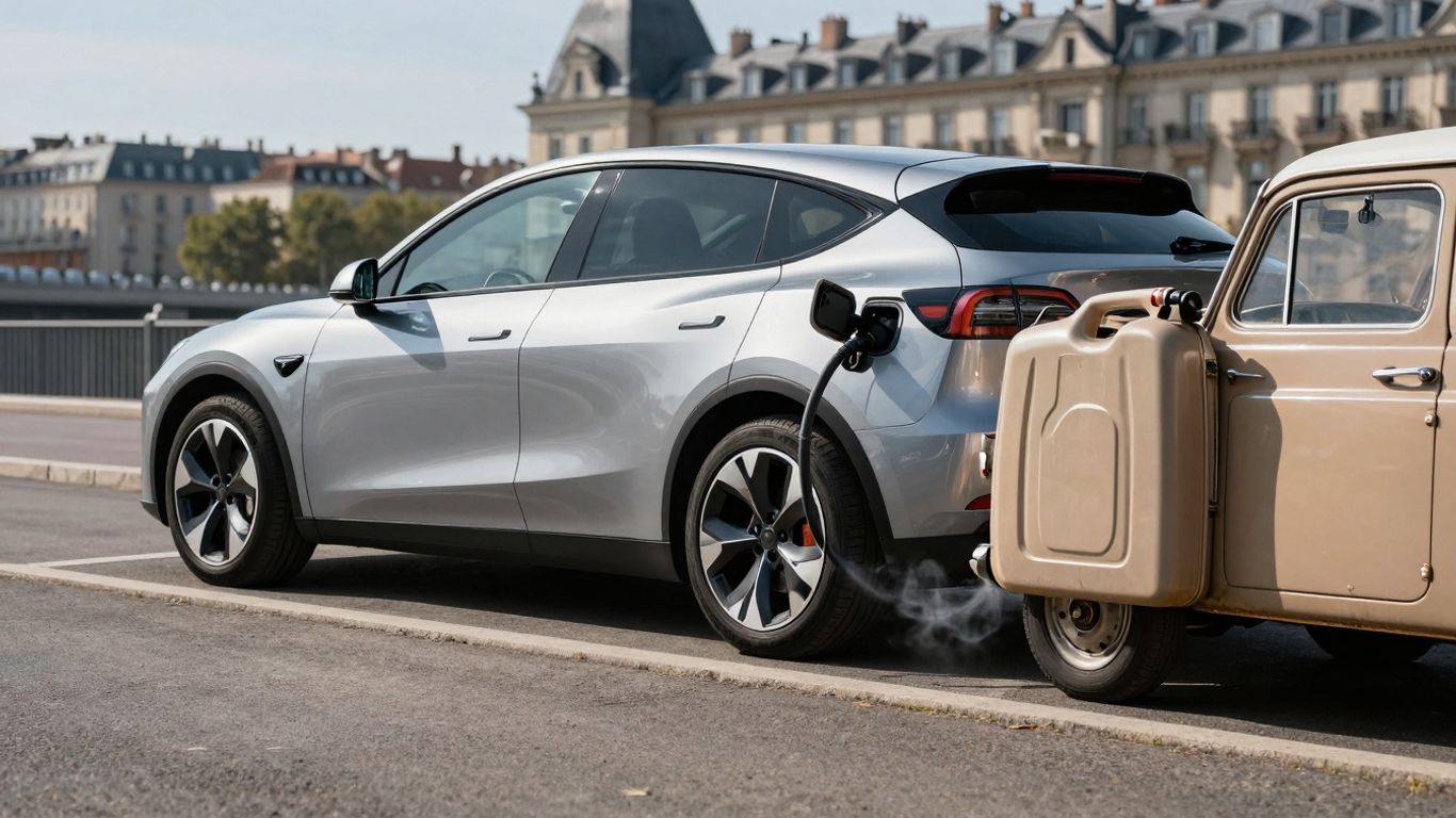 Electric car charging near a gasoline car, EU ban concept.