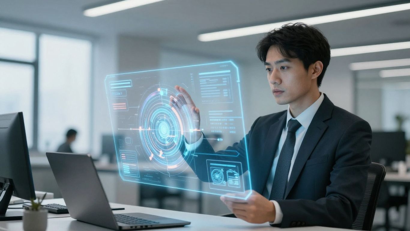 Profesionist interacționând cu holograme în realitate augmentată.