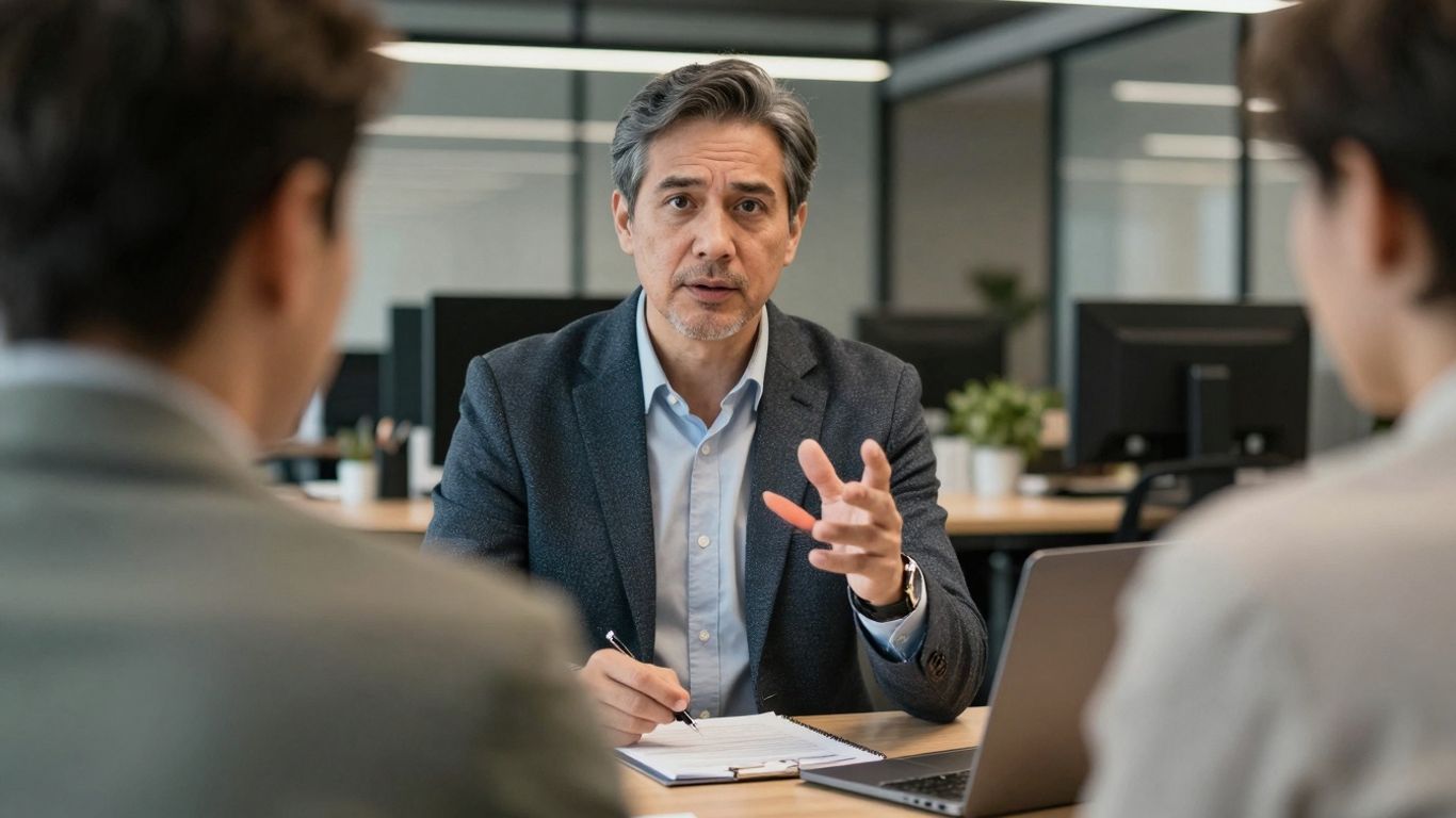 Coach et client discutant dans un bureau moderne.