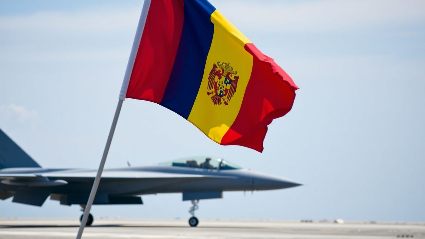 Steagul României, avion militar, hartă stilizată a Europei.