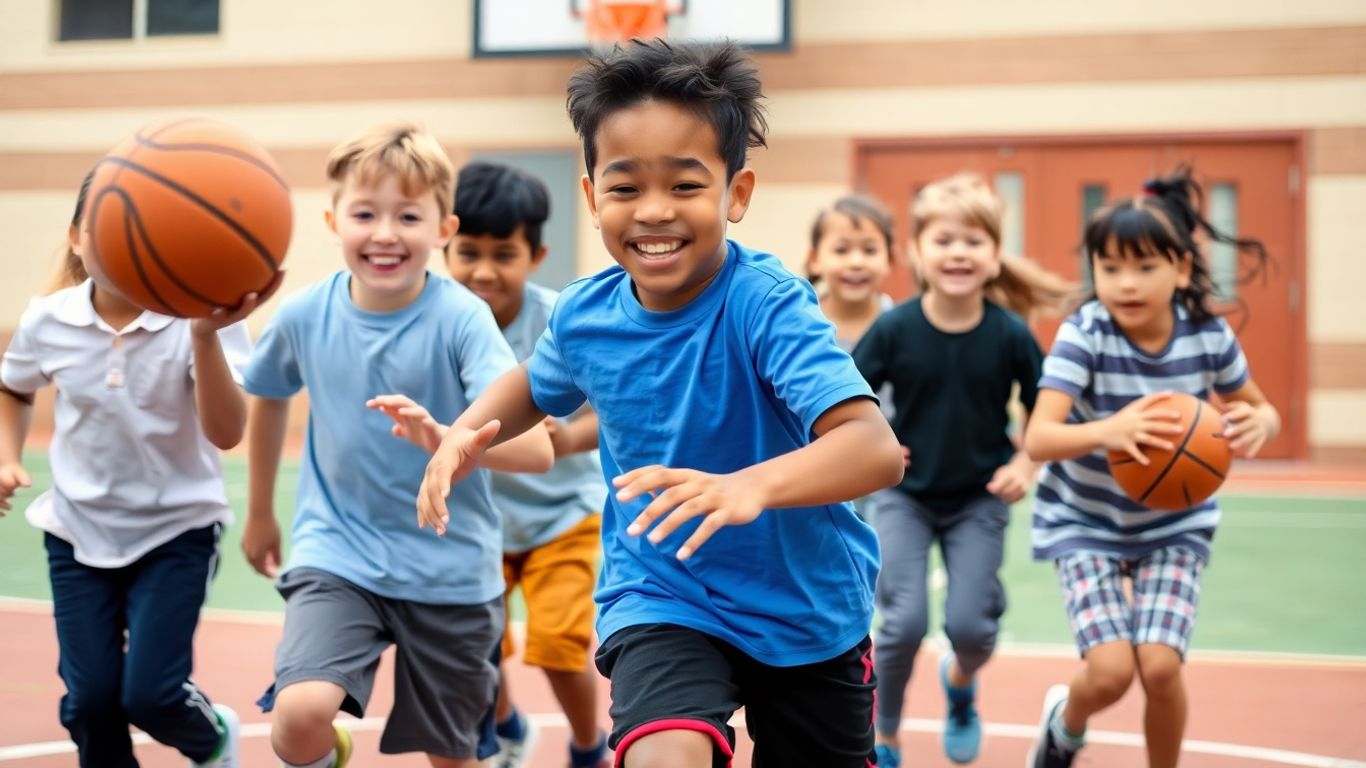 Grundschüler spielen Basketball auf dem Schulhof