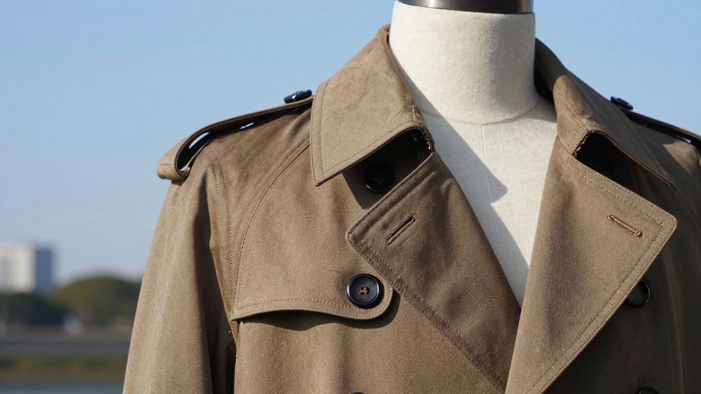 Classic Japanese trench coat, elegant, timeless style.