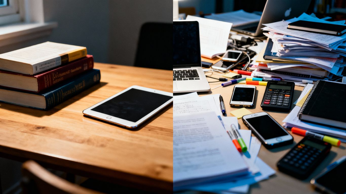 Split photo of organized and cluttered online study spaces