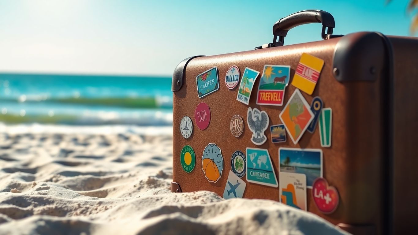 Koffer am Strand mit Reiseaufklebern