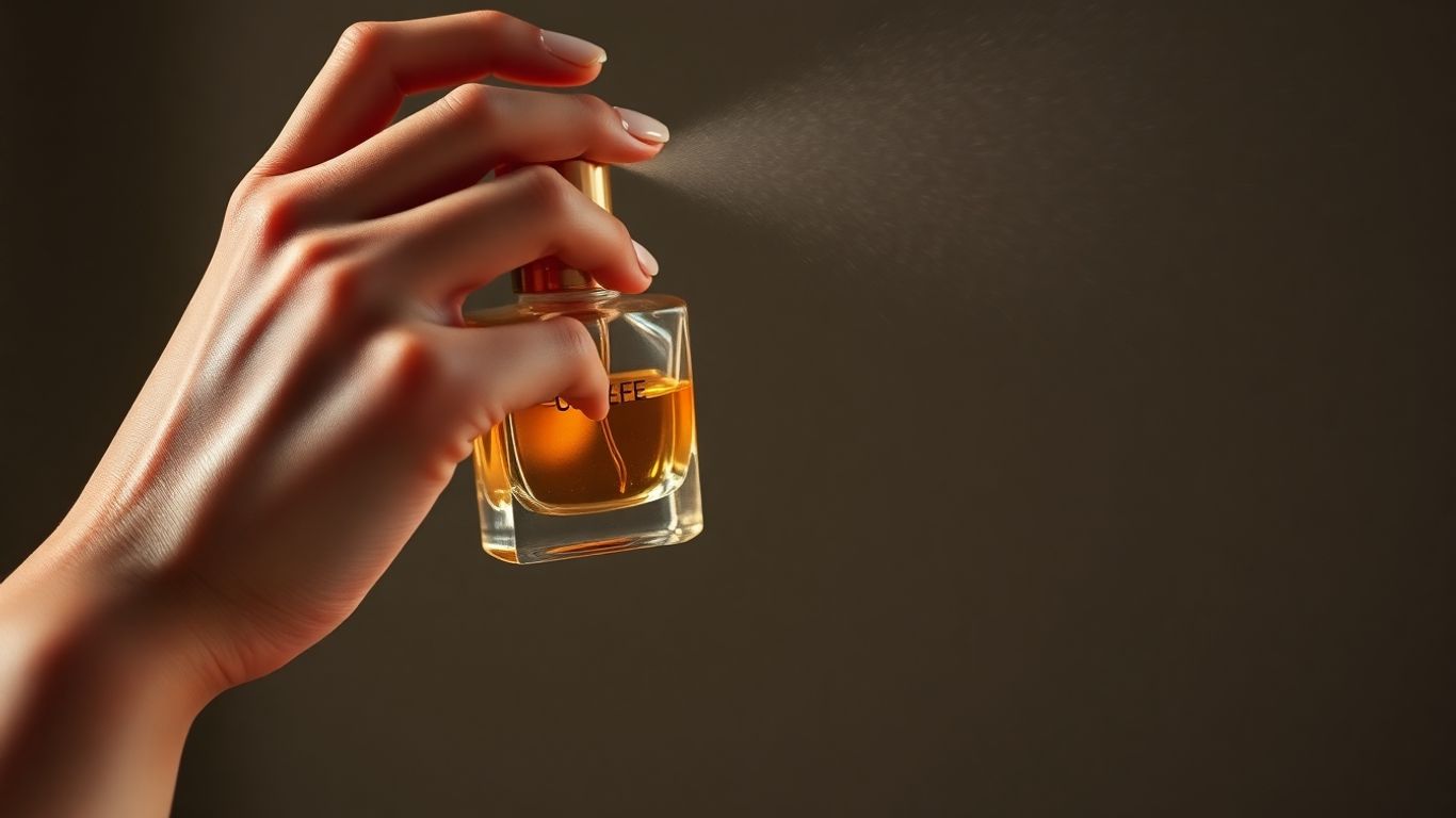 Woman applying perfume to wrist with elegant bottle.