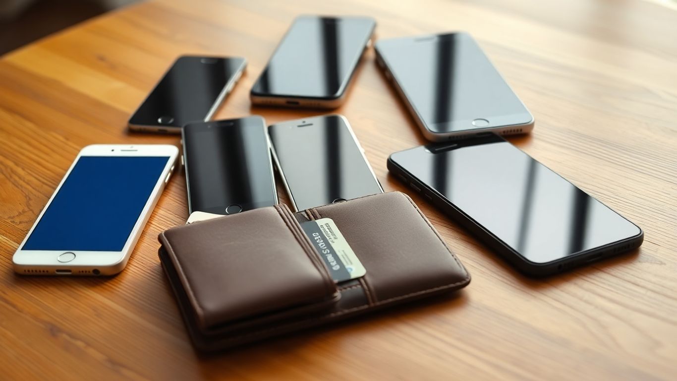 Smartphones beside wallet on wooden table, natural light.