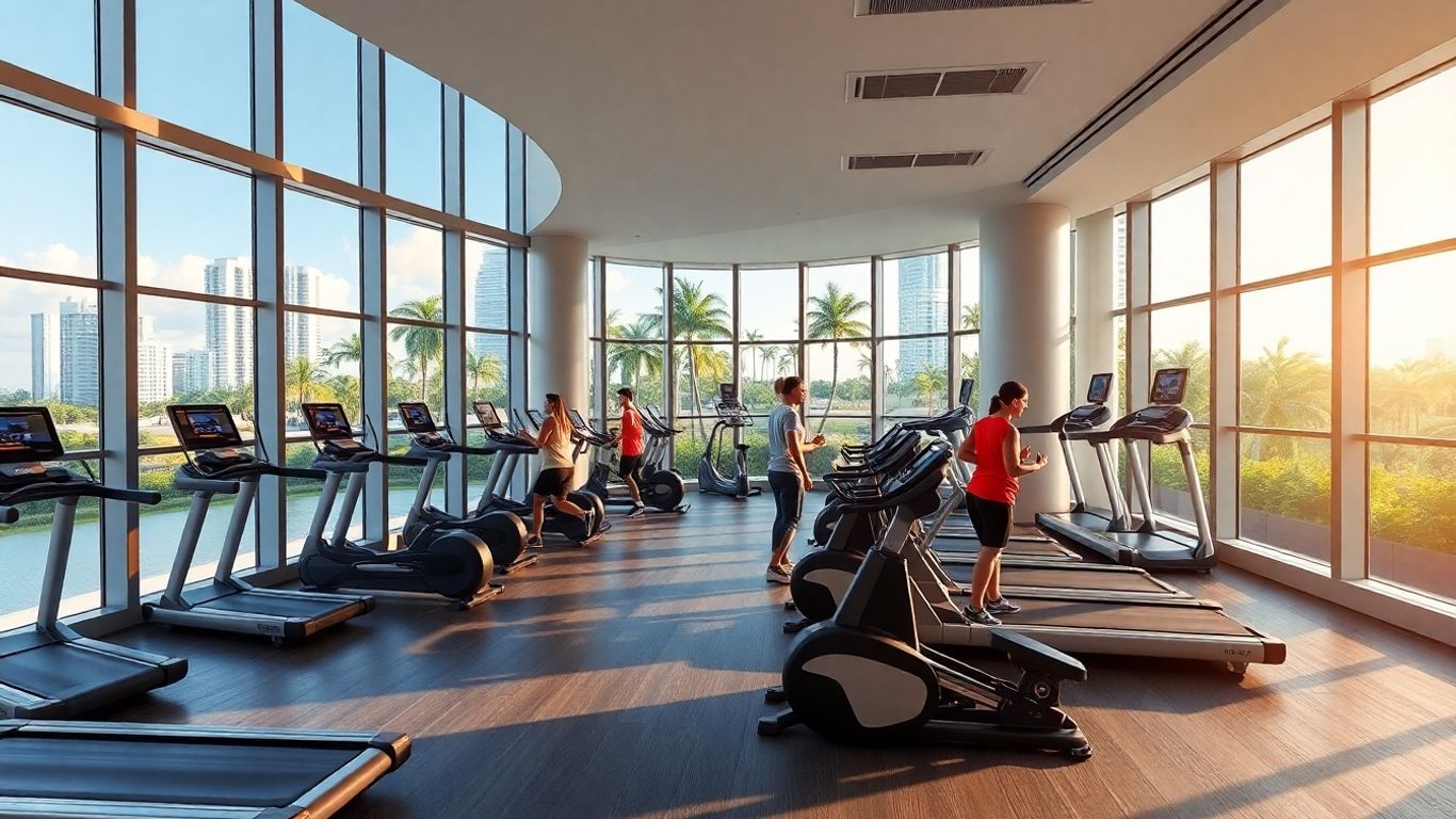 Modern hotel gym with city view and fitness equipment