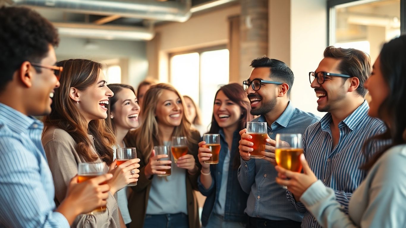 Menschen lachen und interagieren bei einer Firmenfeier.
