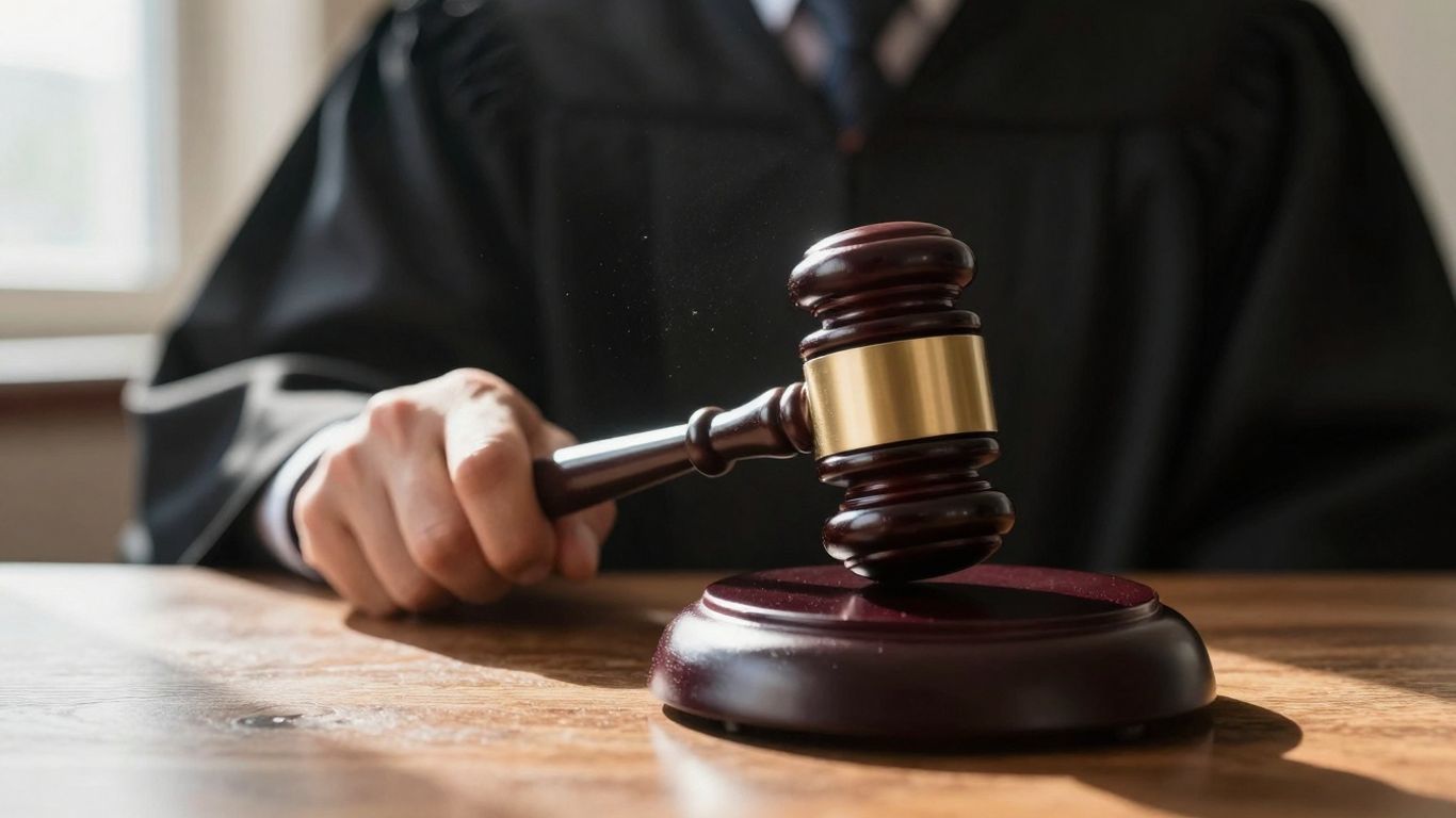 Gavel striking a block in a courtroom.