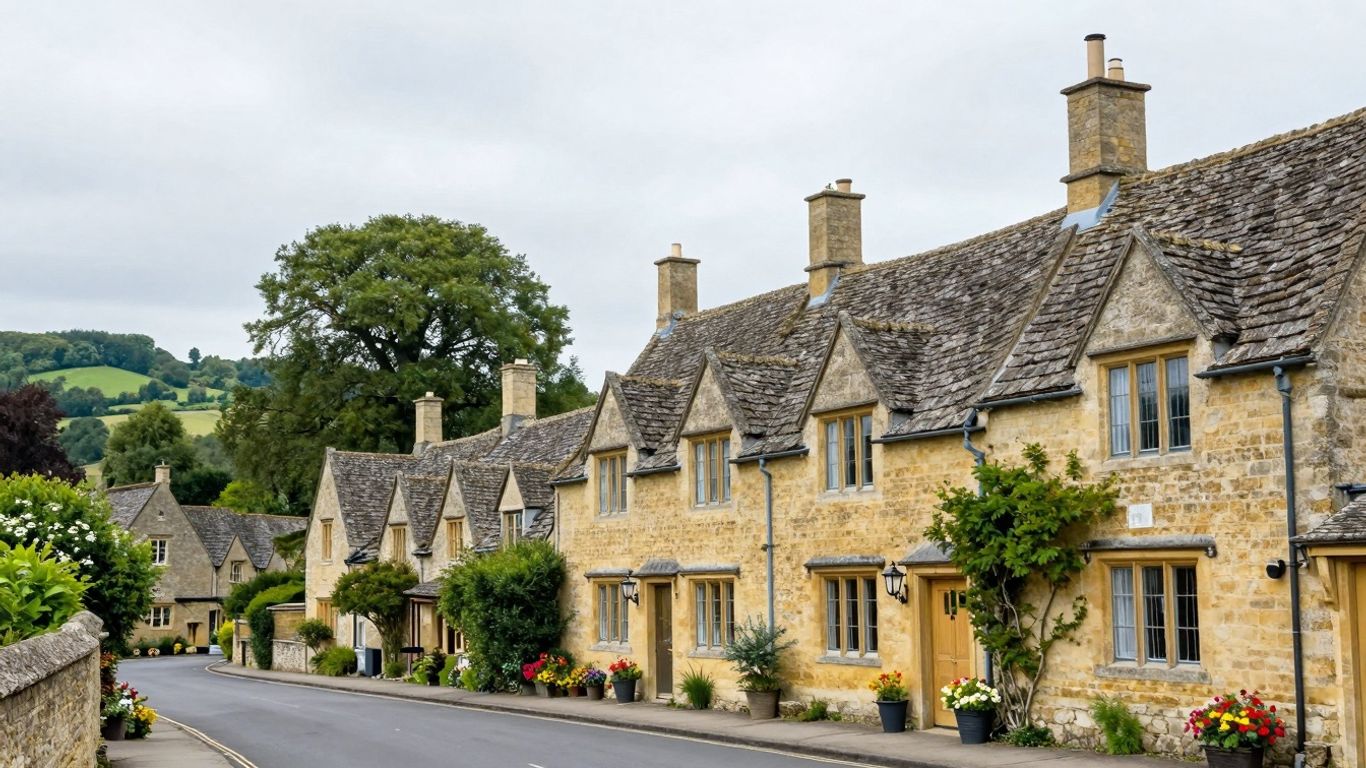 Charming Cotswold village with stone cottages and green hills.