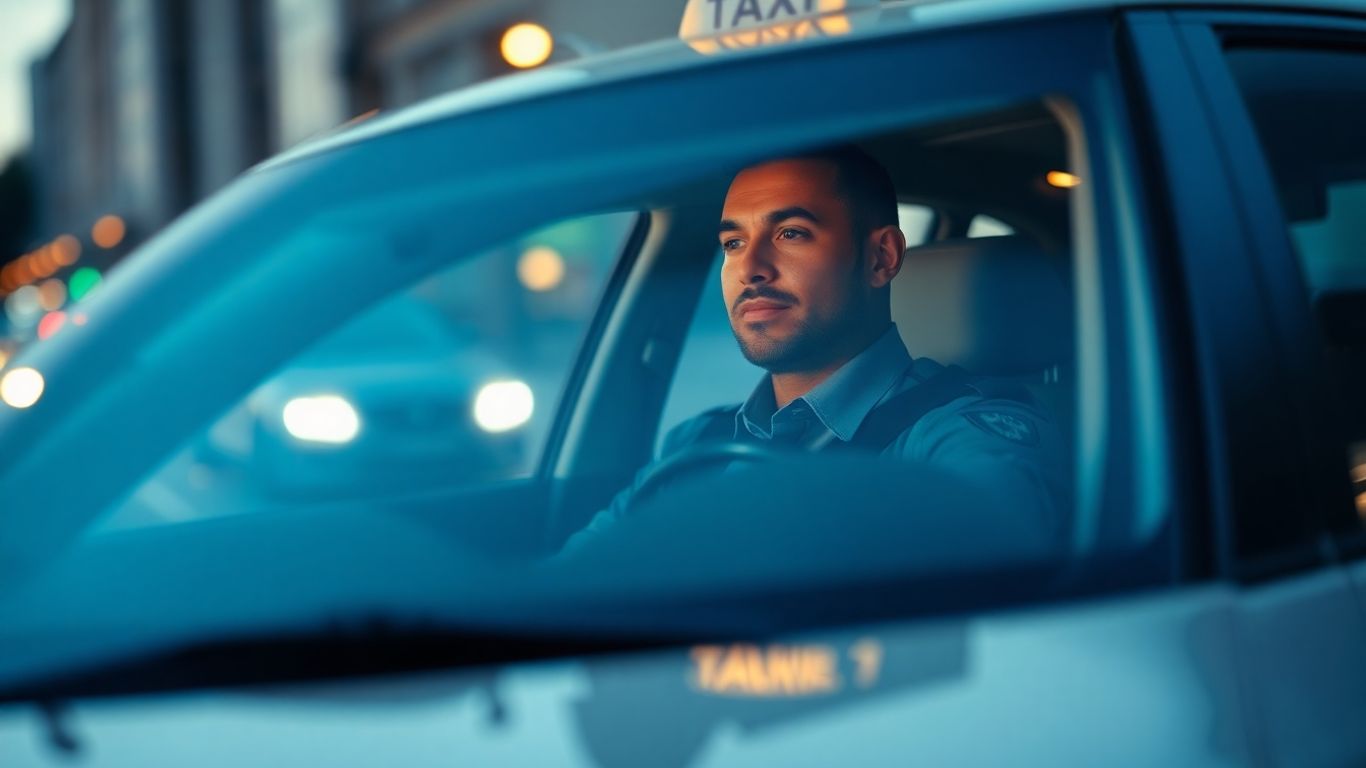 Professional taxi driver in uniform, driving a car.