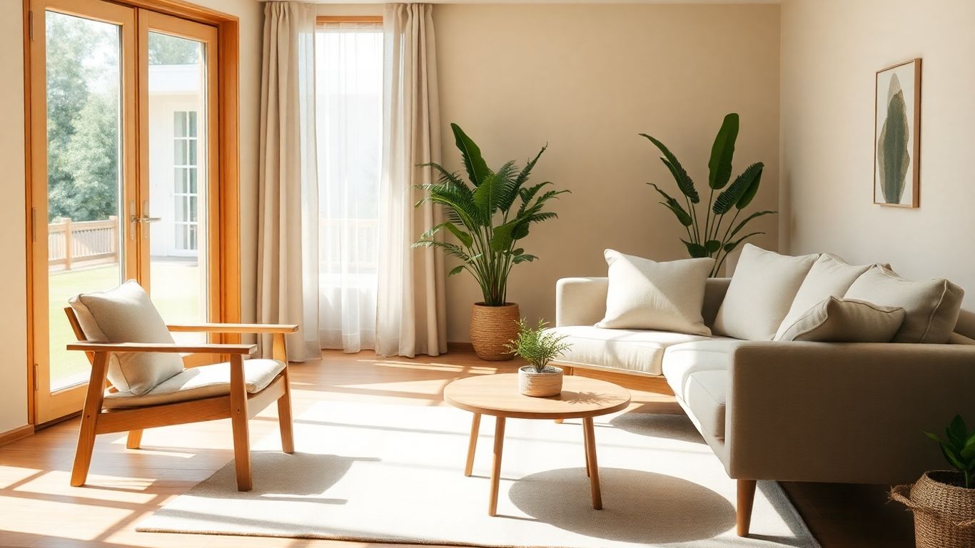 Mobilier eco-friendly din lemn natural și țesături organice.