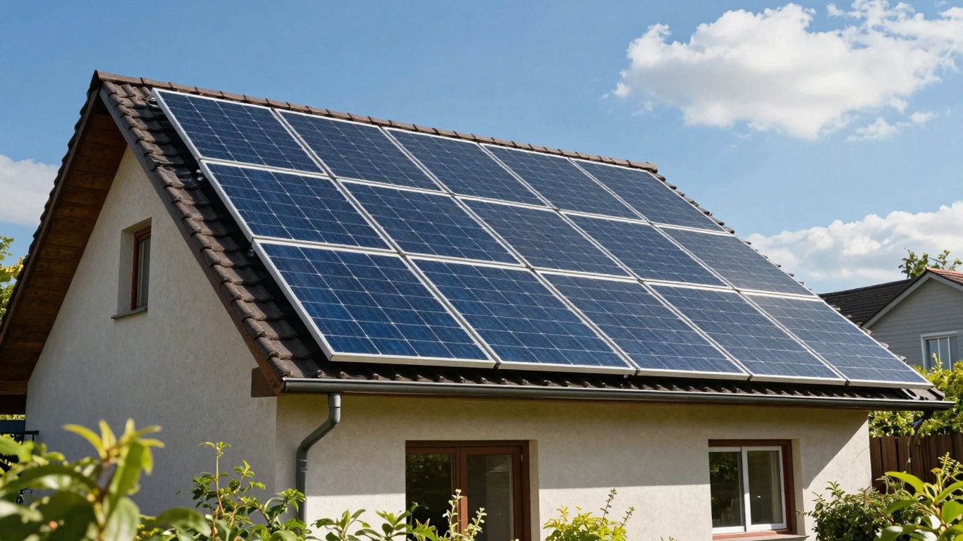 Maison avec panneaux solaires sous un ciel bleu.