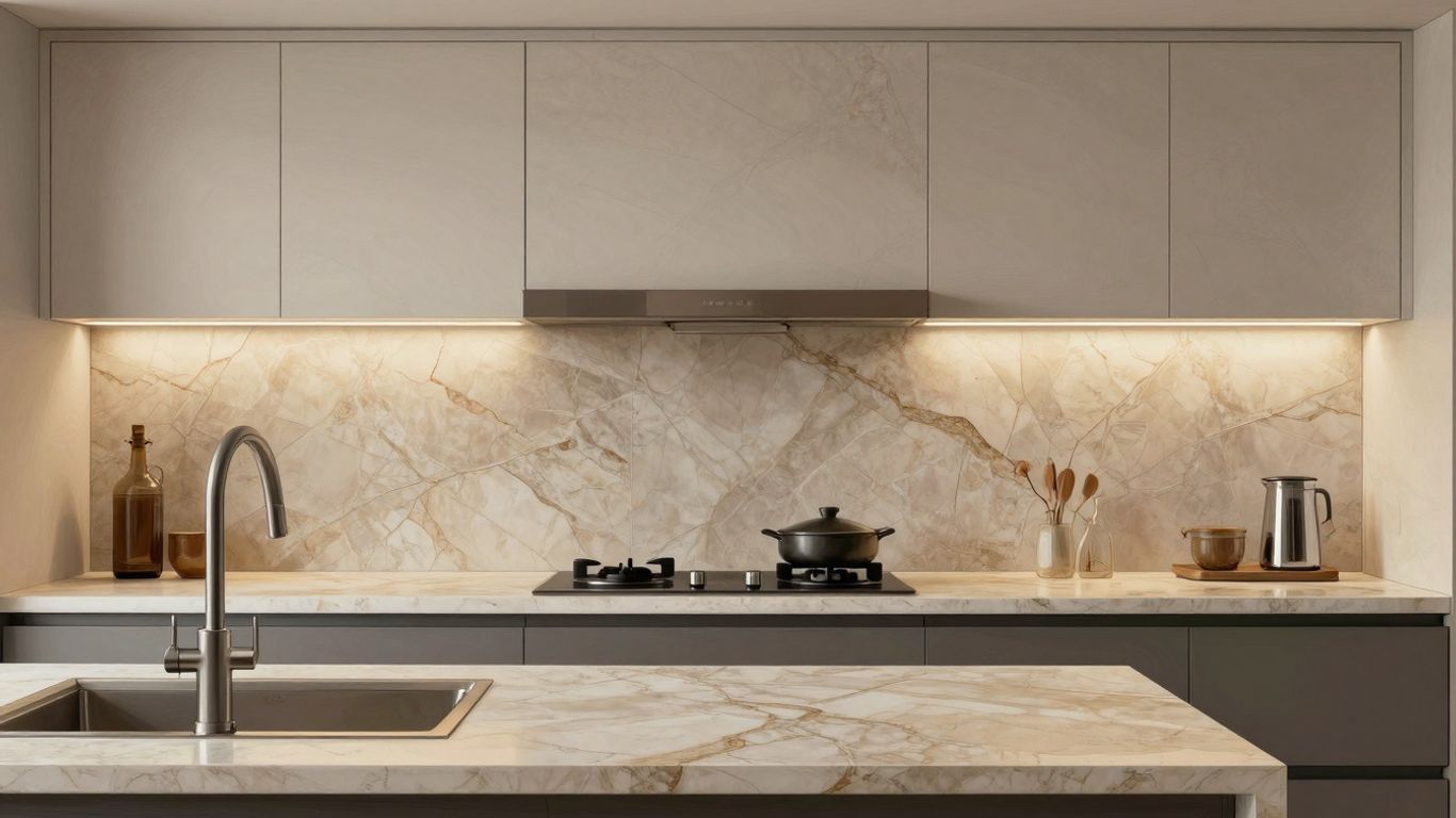 Cocina de lujo con baldosas de porcelana con aspecto de piedra caliza.