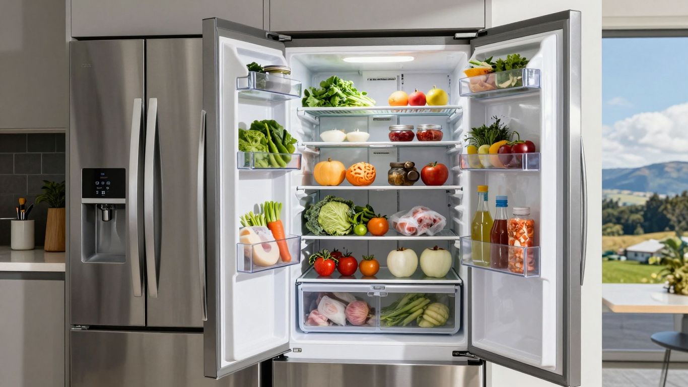 Efficient fridge and freezer in a New Zealand kitchen.
