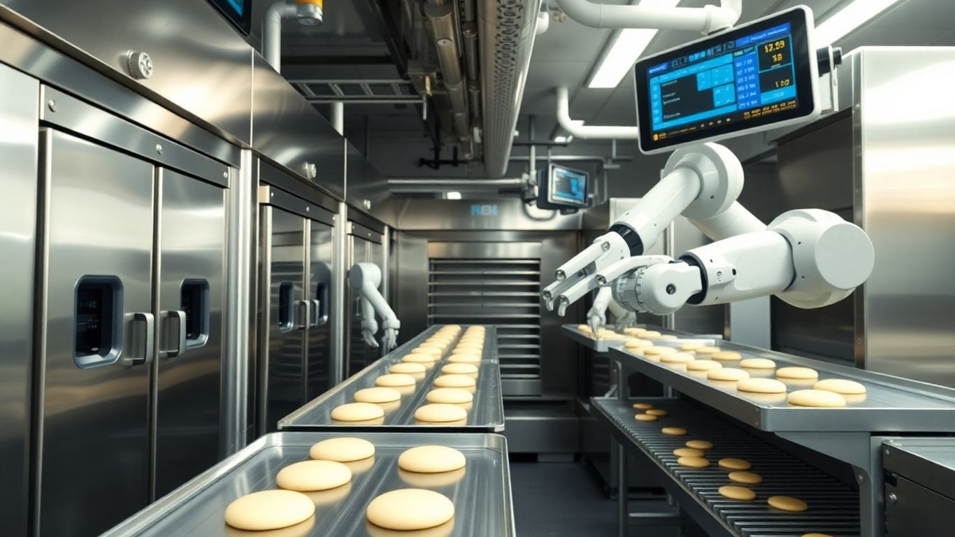 Moderne Bäckerei mit Automatisierung und Qualitätskontrolle.