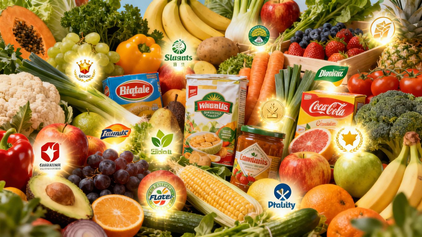 Emerging brands logos with fresh groceries, indicating growth.