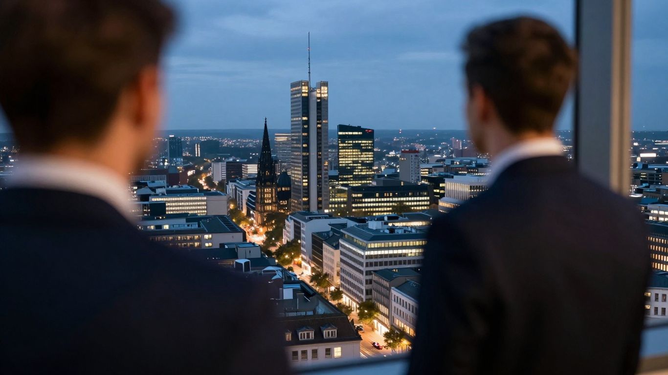 German cityscape at dusk, person in suit looking out window.