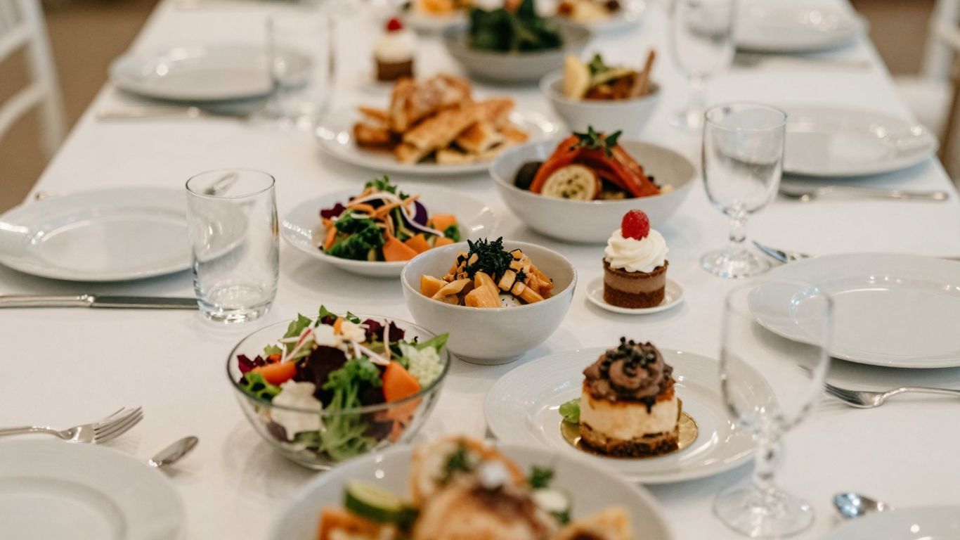 Wedding reception table with diverse, gourmet food.