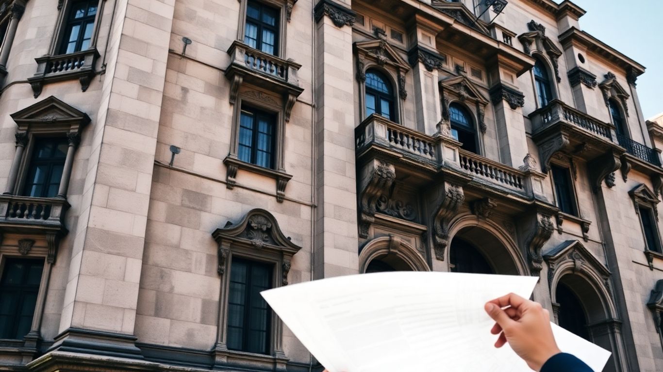 Denkmalgeschütztes Haus mit Person, die Pläne prüft.