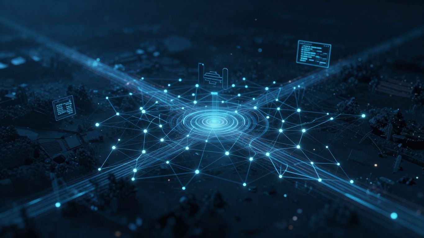 Paysage numérique avec des nœuds interconnectés et des voies lumineuses.