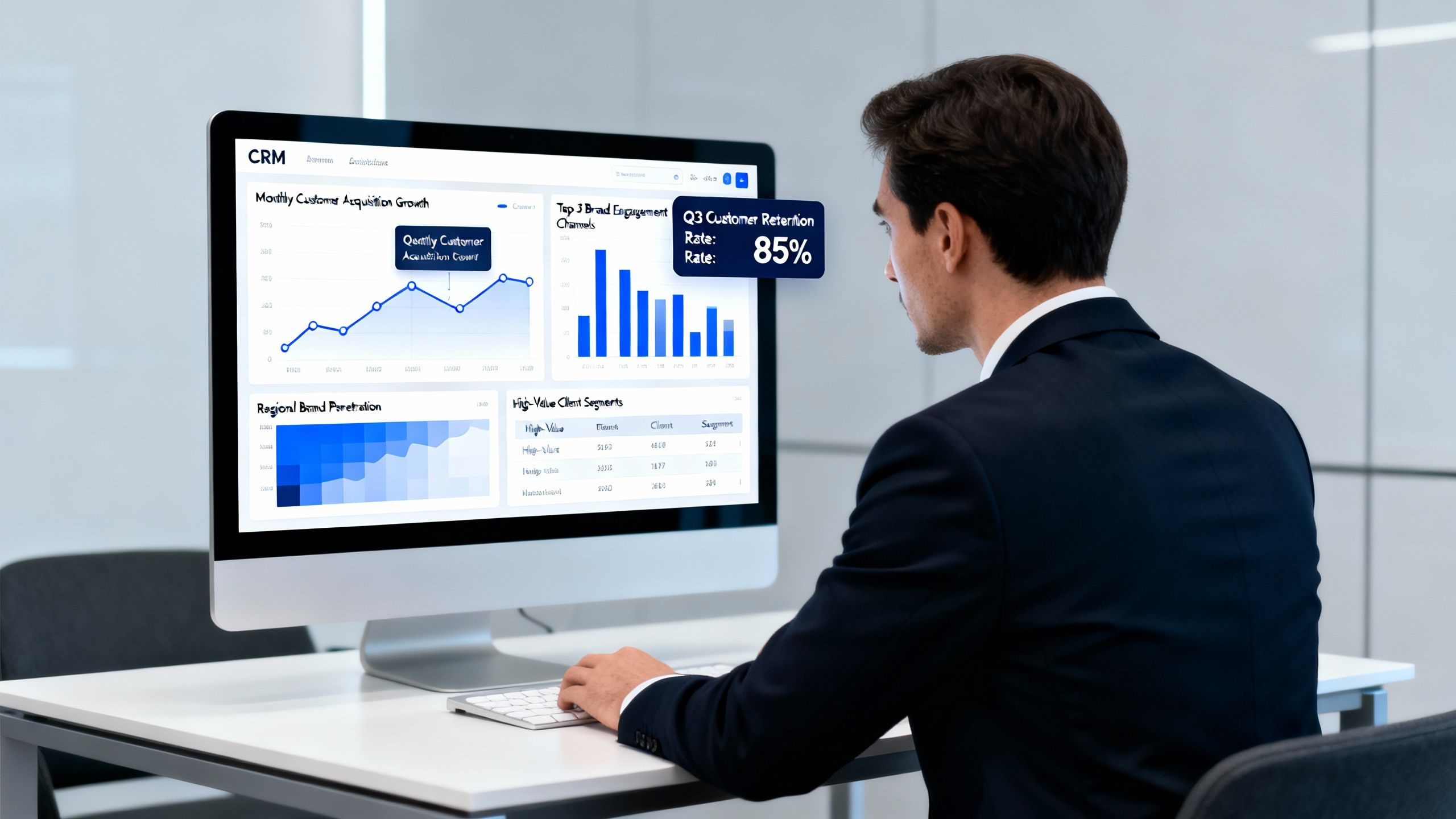 Profesional revisando análisis del panel de CRM para mejorar la estrategia de marca