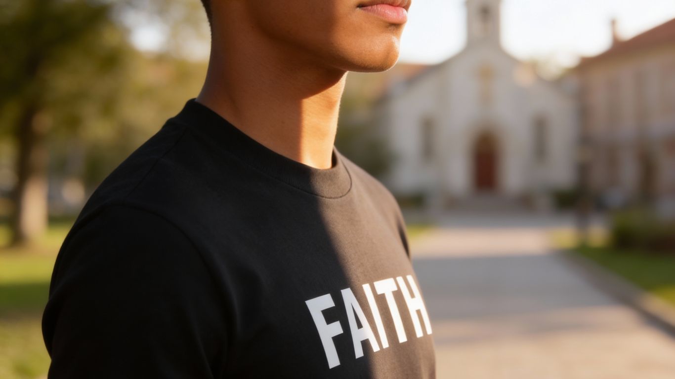 Person wearing 'FAITH' shirt standing outdoors near a church.
