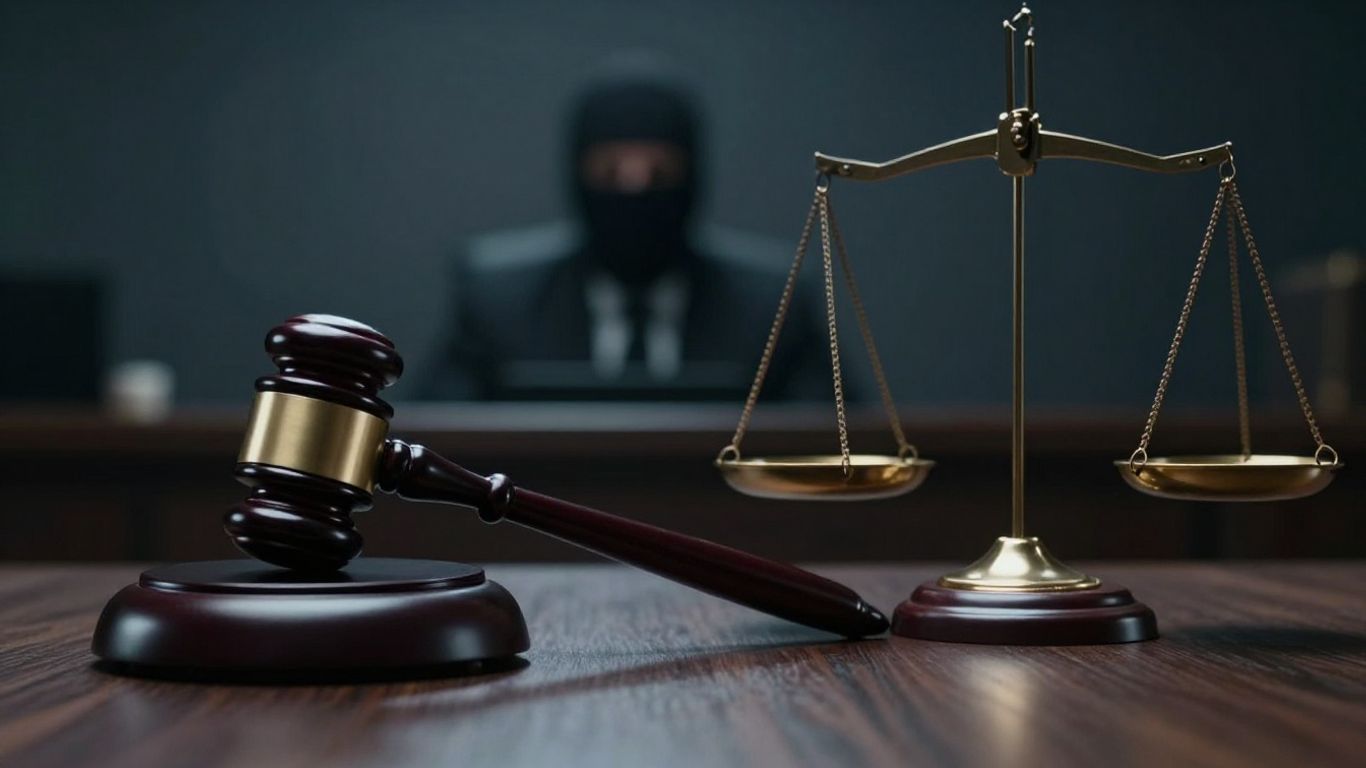 Courtroom gavel and scales of justice, shadowy figure.