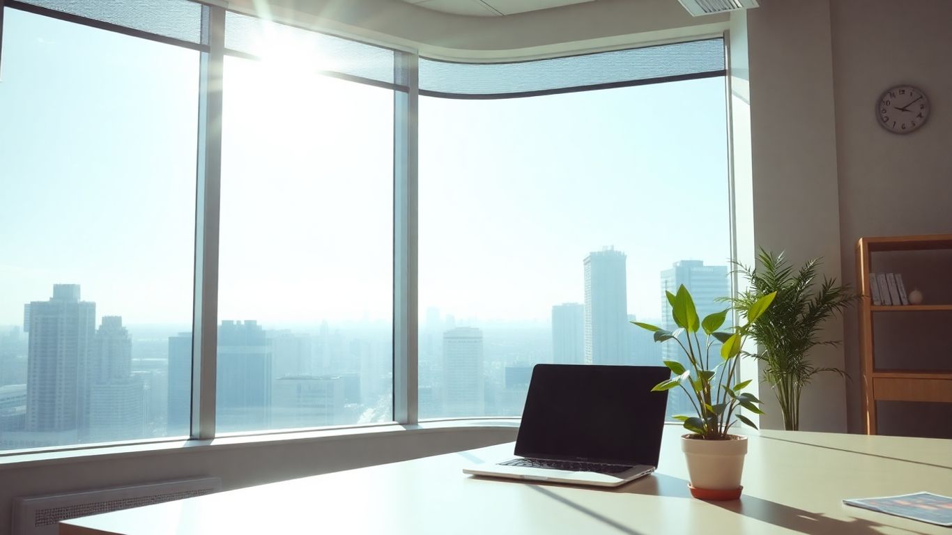 Bright office with laptop and city view