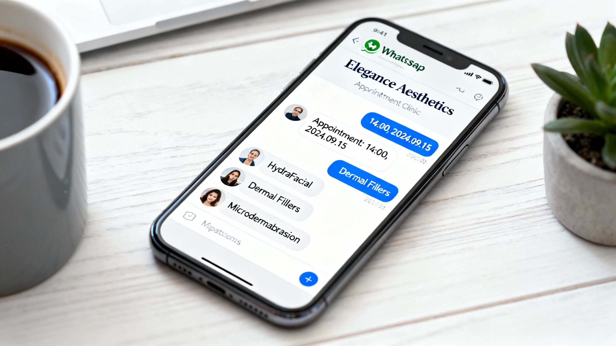 Aesthetics clinic using WhatsApp for client communication on a smartphone.