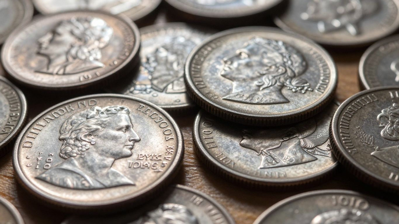 Various US coins on a wooden surface.