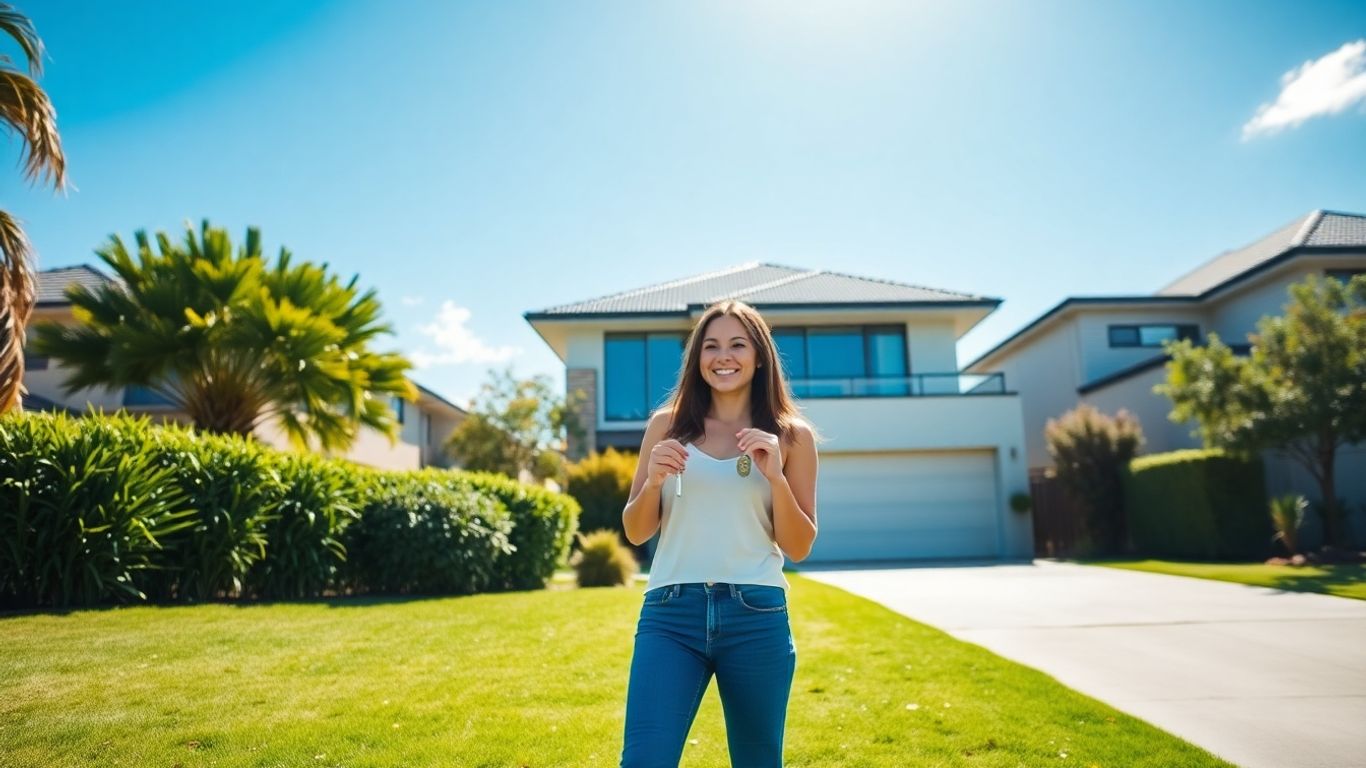 Couple holding keys outside a new Australian home.