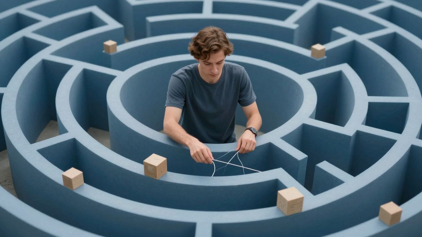 Person calmly navigating a maze with small obstacles.