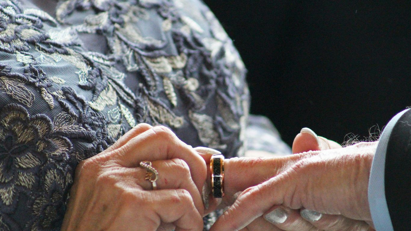 A close up of two people holding hands