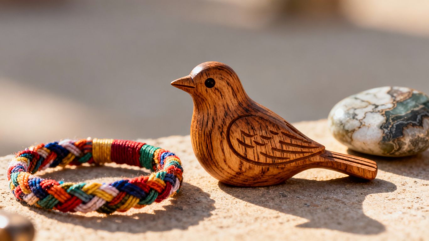 Unique handcrafted souvenirs like carved wood and woven bracelets.