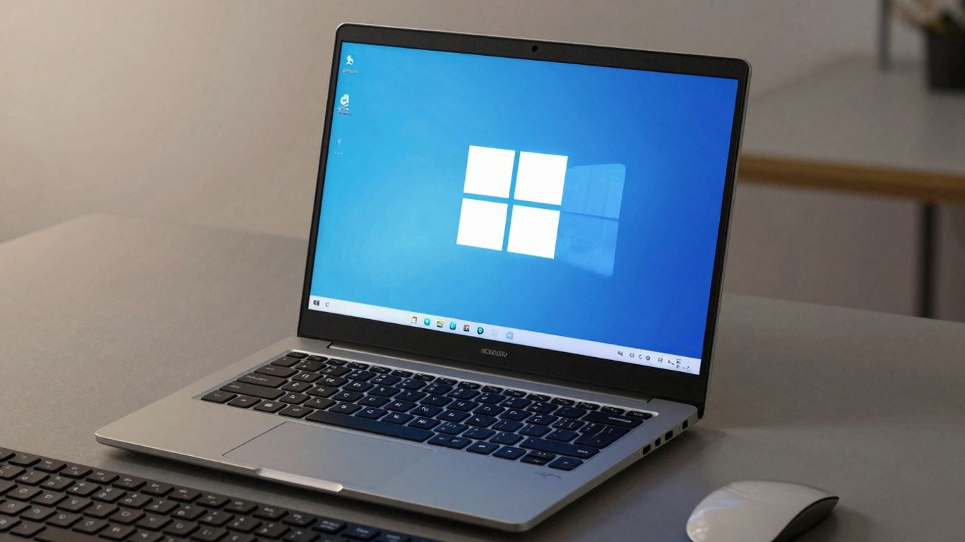 Logo de Windows 10 en pantalla de portátil.