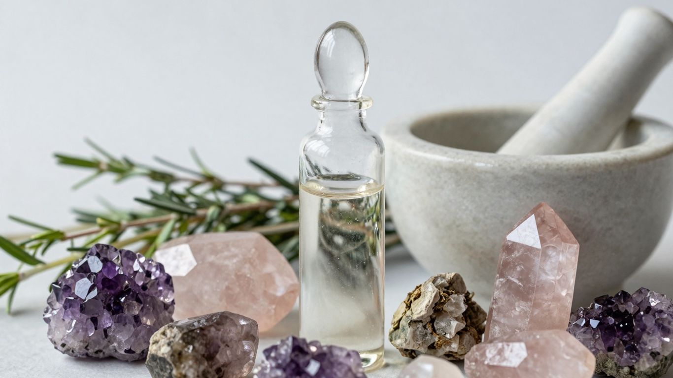 Healing crystals and herbal elixir in a serene setting.