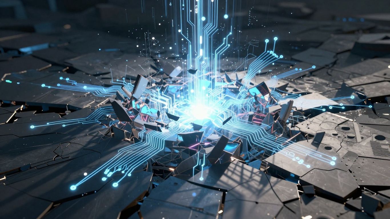 AI circuits dissolving into fragmented data streams.