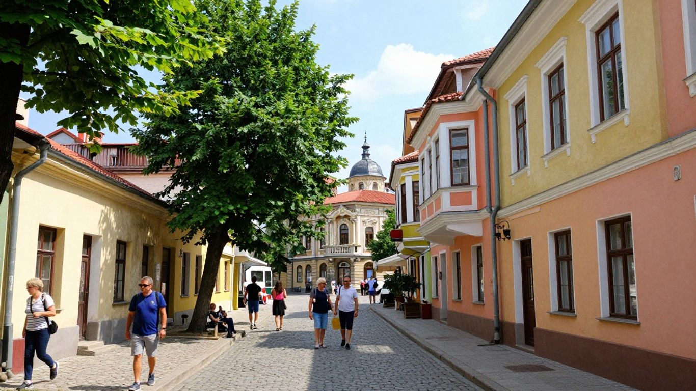 Colorful street in Chișinău, Moldova with ornate architecture.