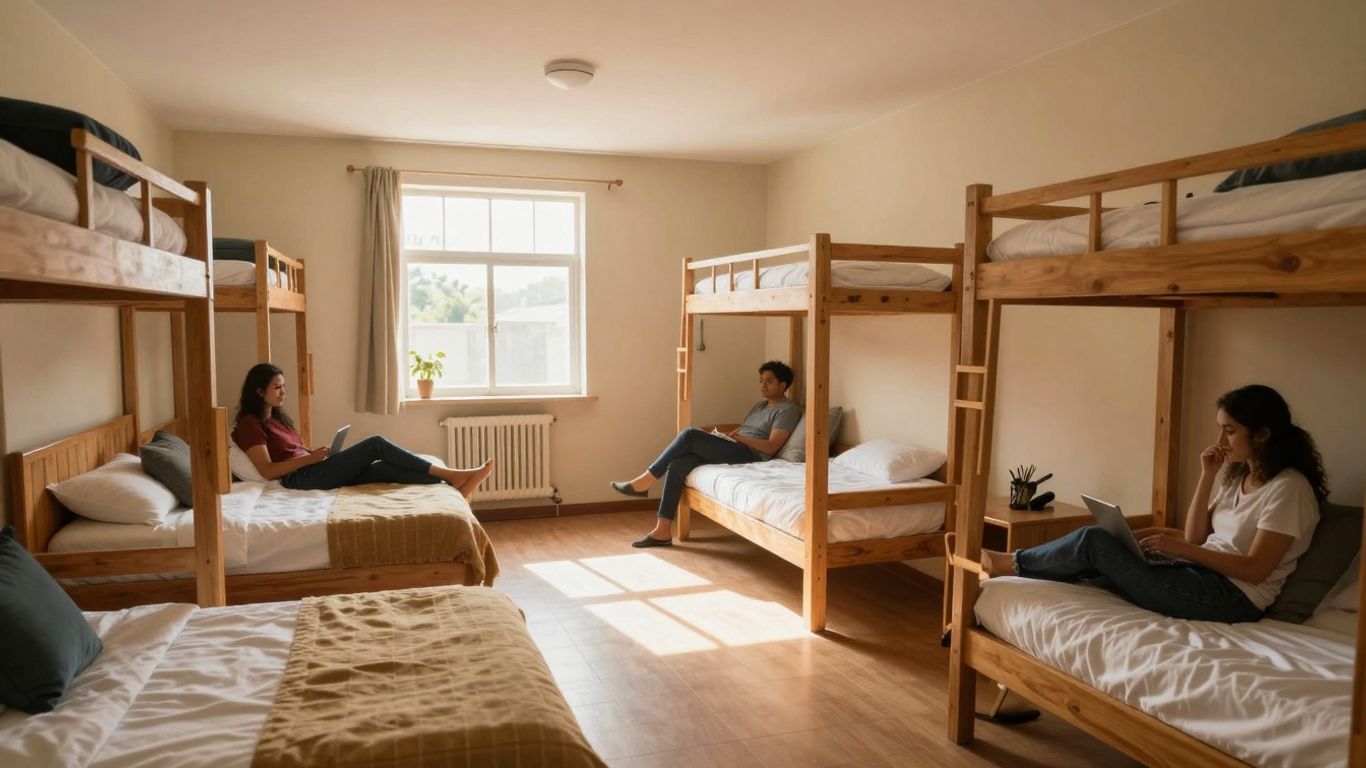 Hostel interior with beds and communal area.