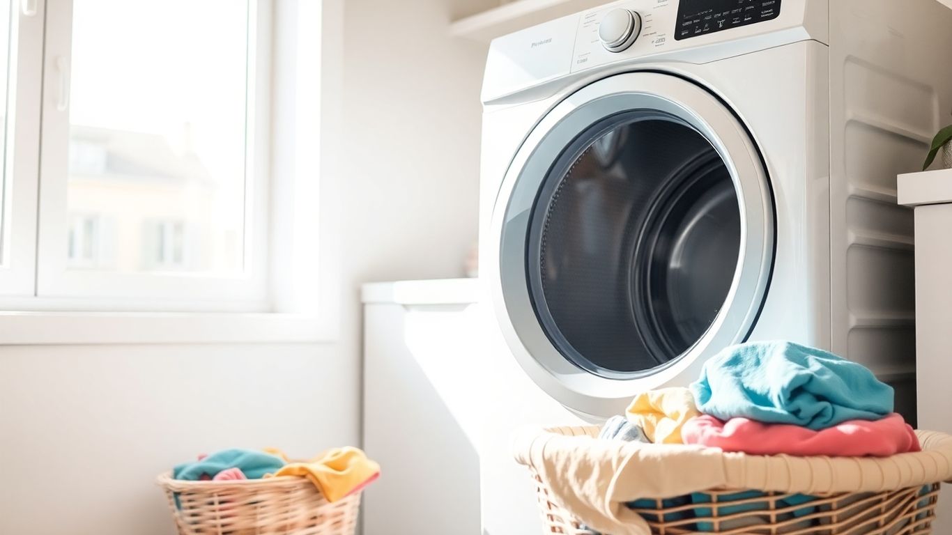 Clothes dryer in a laundry room with a basket of laundry.