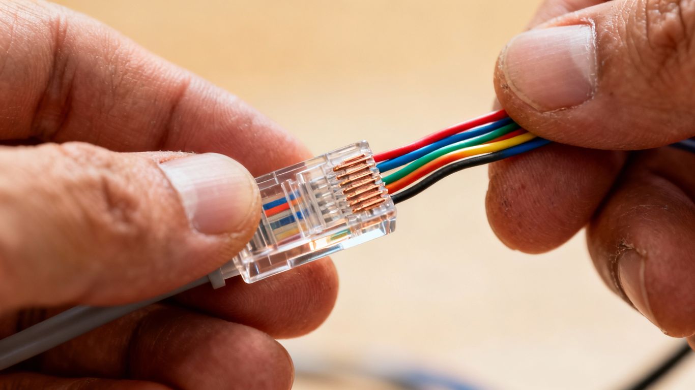 Hands wiring Ethernet cable into RJ45 connector.