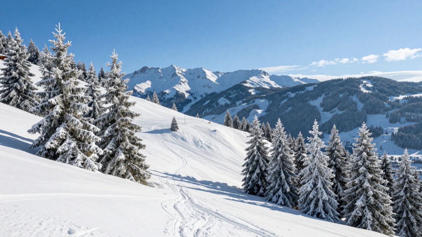Snowy mountains and pine trees at Pamporovo ski resort.