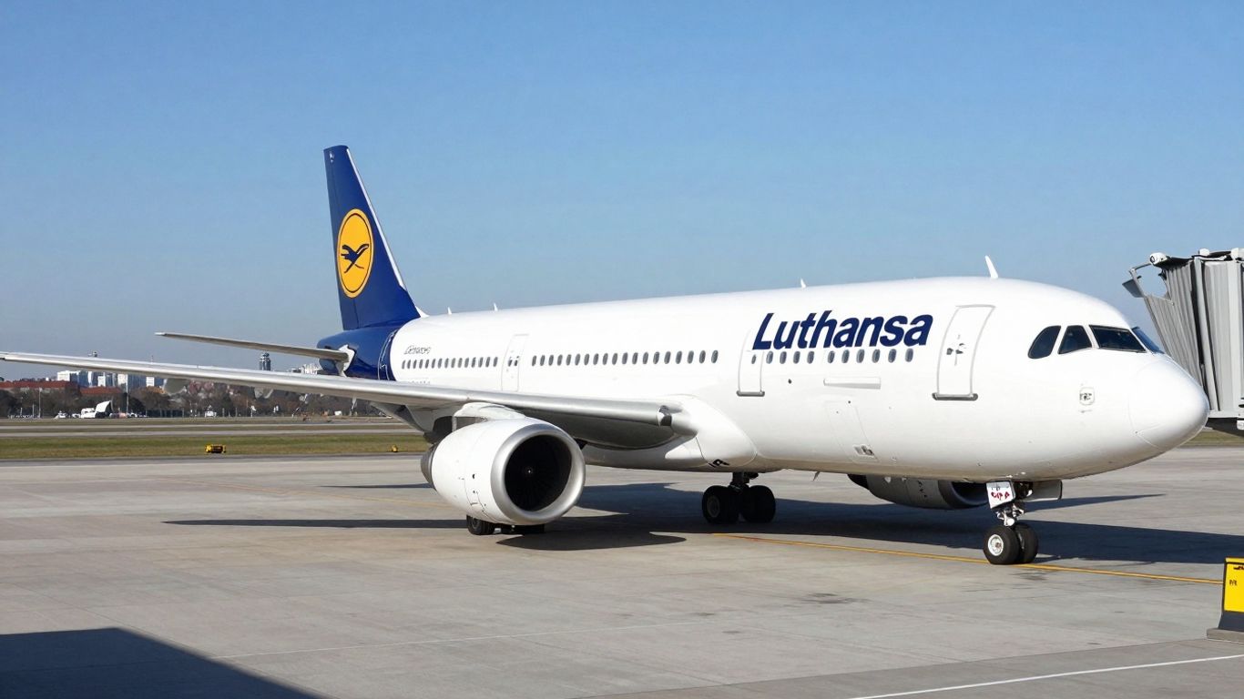 Lufthansa airplane on tarmac with city skyline.