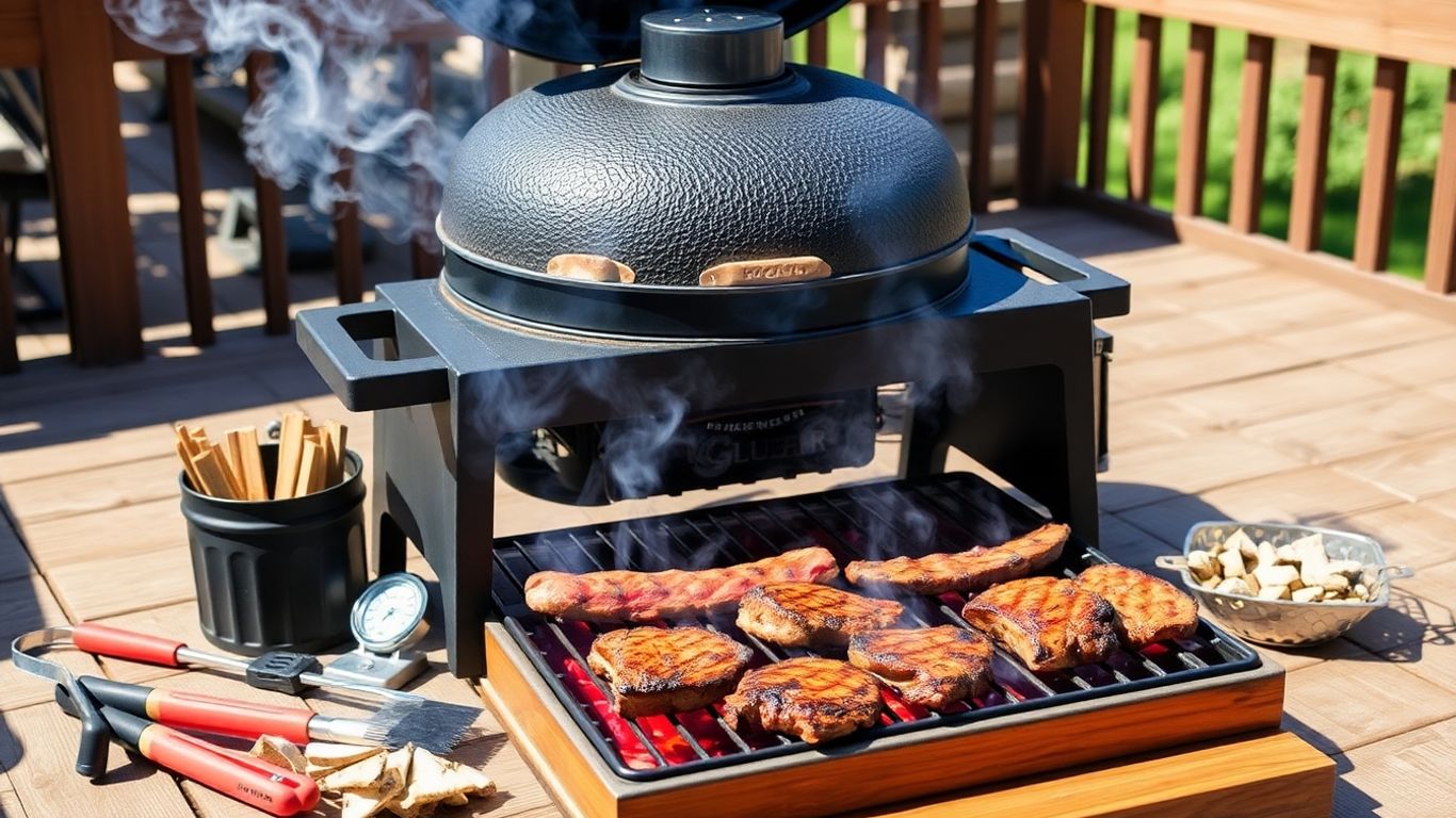 Char-Griller Akorn Kamado grill with BBQ accessories outdoors