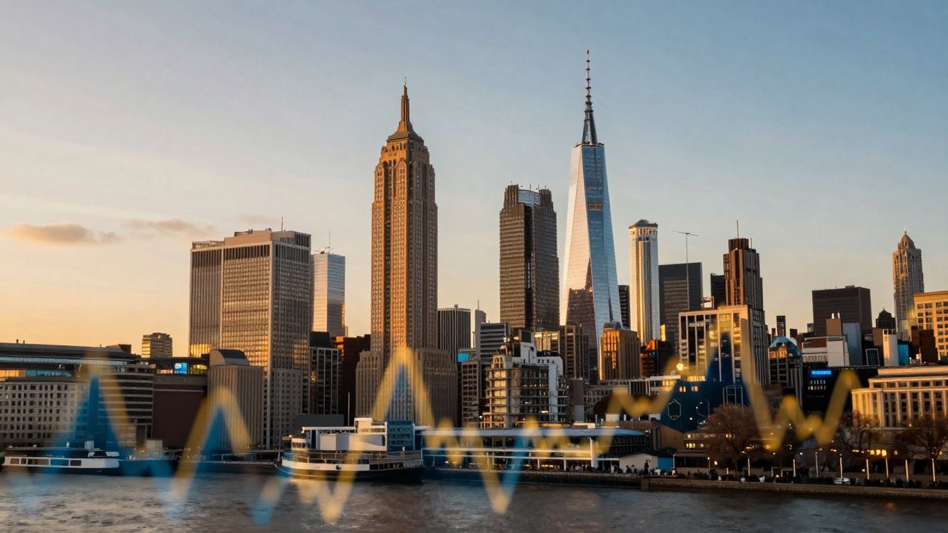 Skylines of London and New York with abstract market streaks.