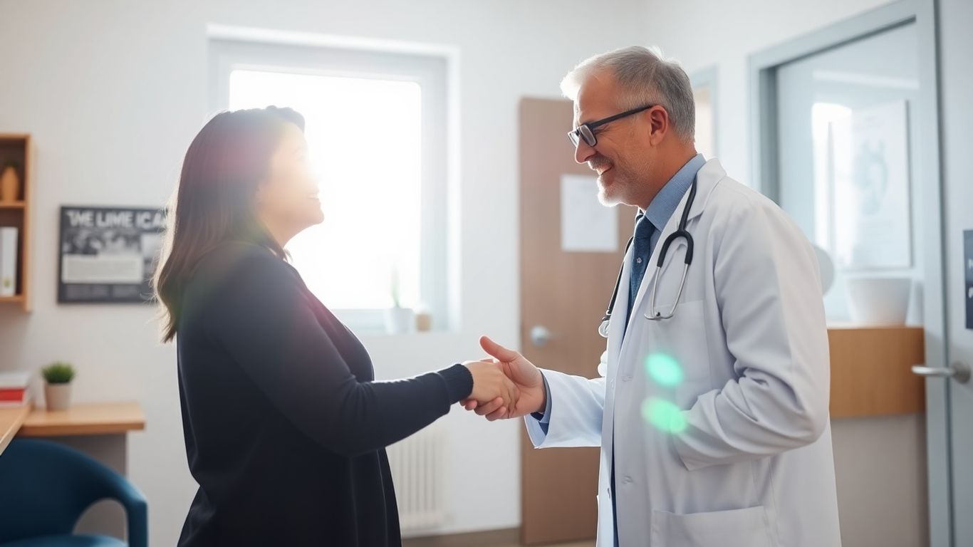 Doctor and patient handshake in clinic