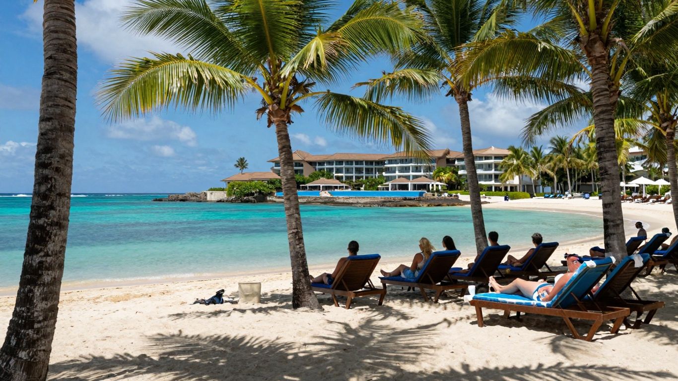 Tropical beach with resort for September holidays.